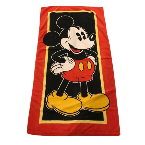 Mickey Mouse Beach Towel Disney Cotton Velou 52" x 29" Red Yellow Black - Picture 1 of 8